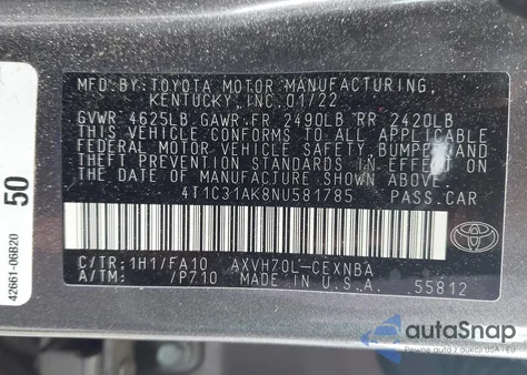 2022 Toyota Camry Le Hybrid z USA, uszkodzony, nr VIN 4T1C31AK8NU581785